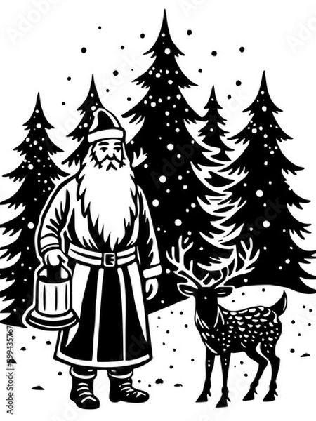 Fototapeta Winter Wonderland: Santa Claus with Reindeer in Snowy Forest Scene