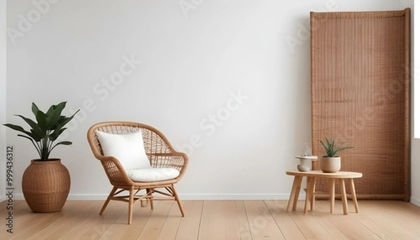 Obraz A modern living room with a large beige sofa.