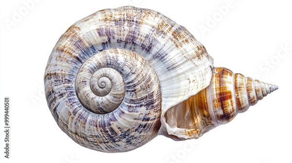 Fototapeta Detailed close-up of a large, spiral shell resting on a white surface in soft lighting