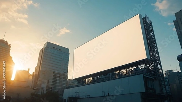 Fototapeta A prominent white billboard towering above an urban cityscape, with modern buildings and skyscrapers forming a dynamic backdrop against a bright sky. 