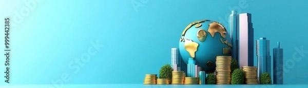 Fototapeta A vibrant illustration of a globe surrounded by skyscrapers and coins, symbolizing global finance and economic growth.