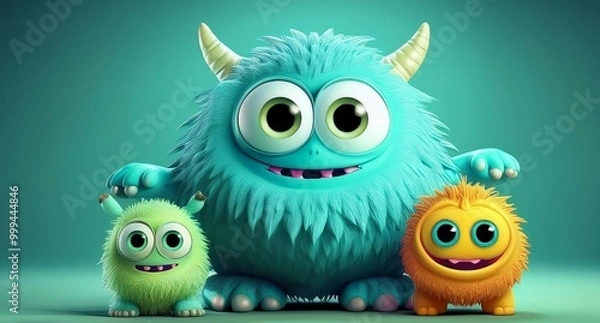 Fototapeta Ilustración de un monstruo tierno y colorido sobre un fondo de color sólido