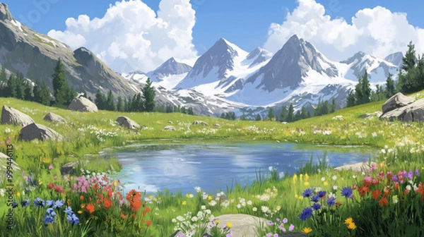 Obraz Joyful Mountain Landscape with Snow-Capped Peaks