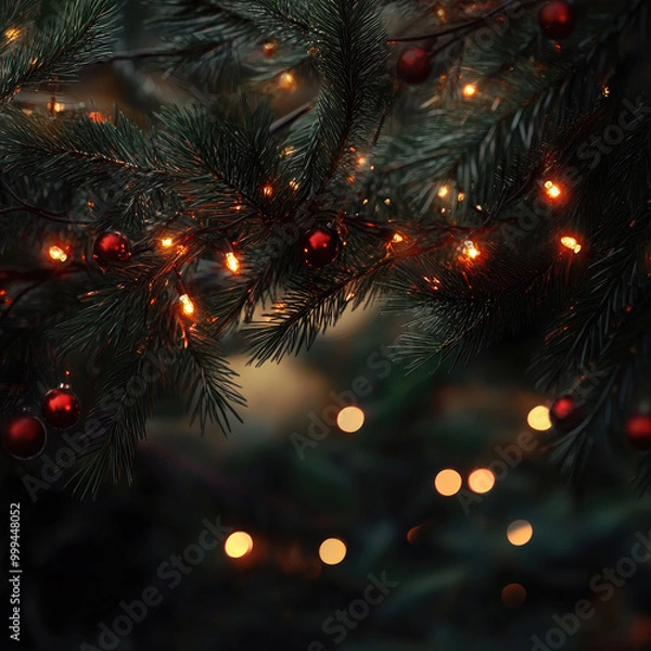 Fototapeta Christmas tree branch adorned with red baubles and warm lights, creating a magical bokeh effect in the background. The festive atmosphere evokes the spirit of the holiday season