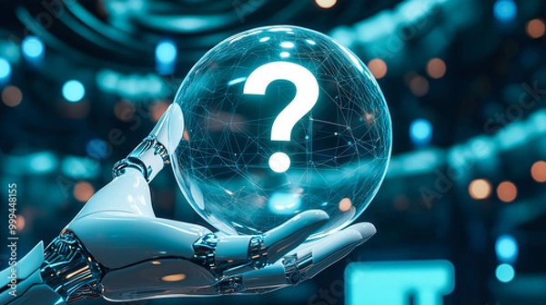 Fototapeta A robot hand holds a glowing question mark. The concept symbolizes curiosity, artificial intelligence, and the quest for answers in the digital age. Generative AI.