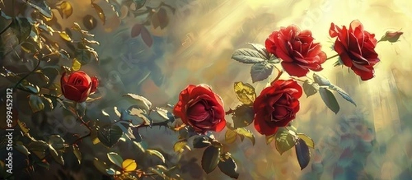 Fototapeta A Sprig Of Red Roses On A Background Of Leaves And Sunlight