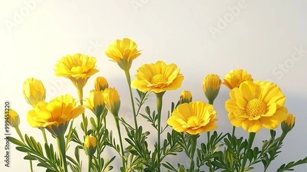 Obraz Three yellow flowers with green stems arranged on a white background.