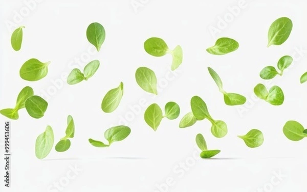 Fototapeta Fresh green leaves floating on a white background Generative AI