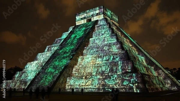 Fototapeta Illuminated pyramid at Chichen Itza during a vibrant light show at night