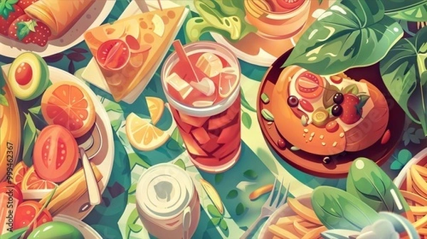 Fototapeta Tropical fruit feast with watermelon, citrus, and refreshing drinks, inspired by summer beach vibes