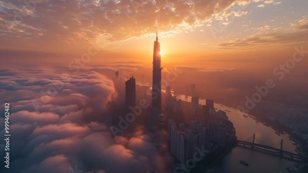 Fototapeta Aerial sunrise view at Landmark 81 - it is a super tall skyscraper and Saigon bridge with development buildings along Saigon river, cityscape in the morning cloudy 