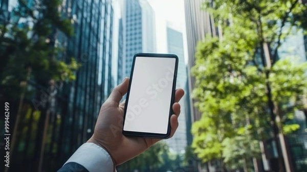 Fototapeta Businessman holding cell phone with Skyscrapers and blue sky and Eco-friendly building in the modern city,Office building with green environment,social media, mobile application,chatting,copy space.