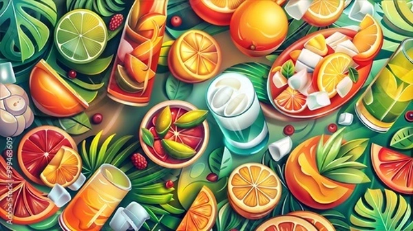 Fototapeta Tropical fruit and drink composition with citrus slices, cocktails, and colorful summer vibes