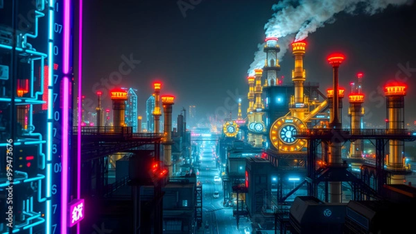 Fototapeta Industrial landscape with factory chimneys and glowing neon signboards.