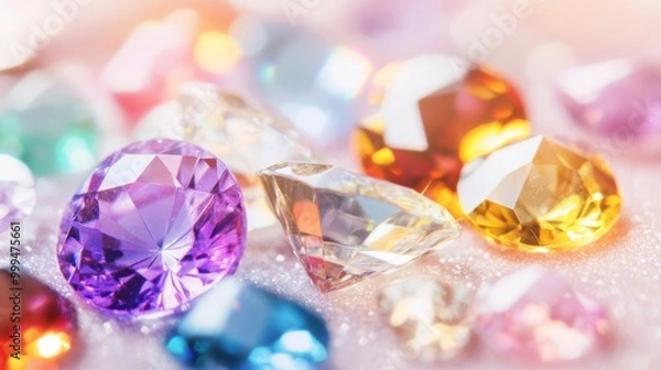 Fototapeta A collection of colorful diamonds arranged in an artistic display, reflecting light and creating a dazzling effect on a soft background
