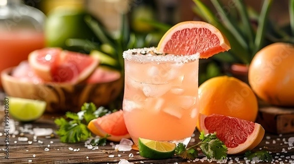 Fototapeta A classic Paloma cocktail served in a glass with a salt rim, garnished with a fresh grapefruit wedge. The glass is set on a rustic wooden table with a backdrop of a vibrant Mexican street market, 