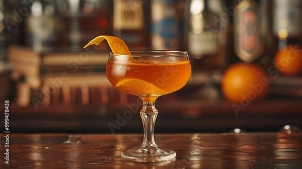 Fototapeta A classic Hanky Panky cocktail served in a coupe glass, with a bright orange twist garnish. The glass is placed on a polished bar with a backdrop of vintage cocktail books and tools, 