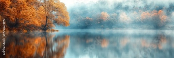 Fototapeta Autumn Reflections, tranquil lake mirroring vibrant fall foliage, softly blurred shoreline enhancing the peaceful ambiance of nature