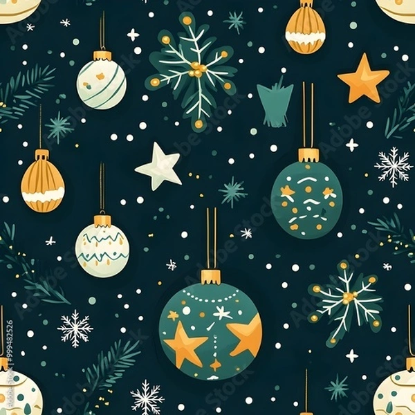 Fototapeta Seamless Pattern of Sparkling Festive Baubles  Snowflakes  and Stars with Minimal and Joyful Design