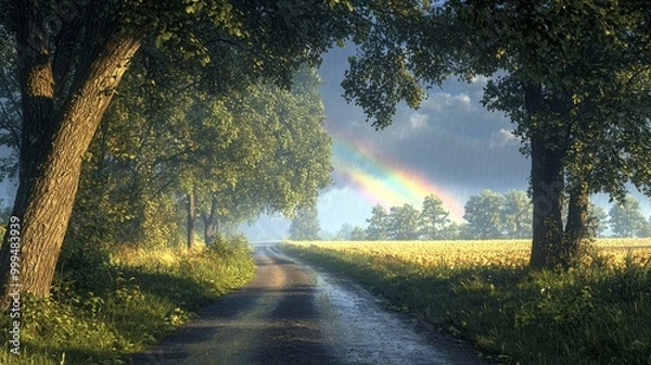 Obraz Scenic Pathway Through Trees with Rainbow