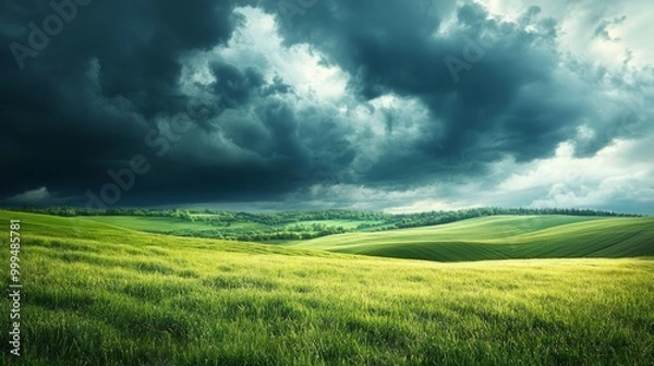 Obraz Dramatic Landscape with Dark Clouds Over Green Fields