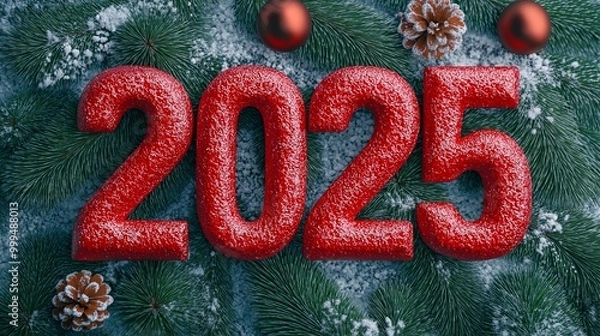 Fototapeta 3D Font of text 2025 on New Year, Christmas ornament background