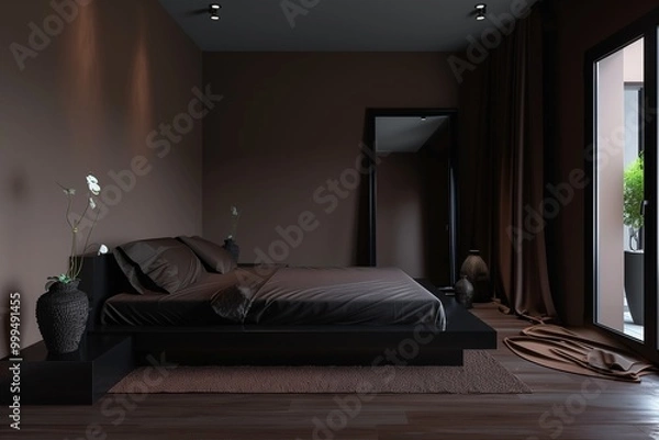 Obraz A minimalist bedroom with dark brown walls, a low black bed with dark linens, and a dark wood nightstand. A large black framed mirror and dark wood flooring complete the space.