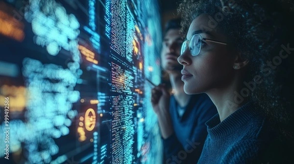 Obraz Focused Individuals Analyzing Digital Data Visualizations