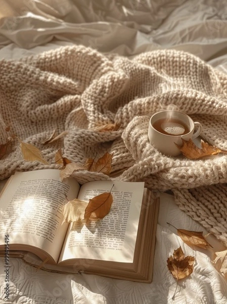 Fototapeta Cozy autumn concept - flat lay with knitted sweater, book and flowers on top of it