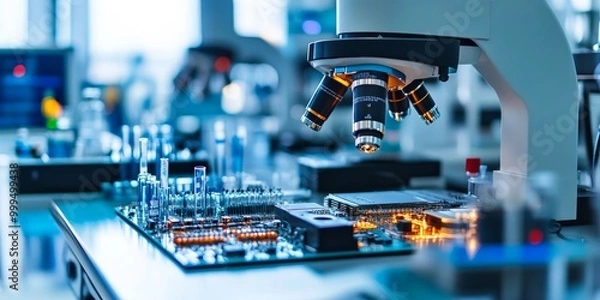 Fototapeta a research lab desk, advanced tech prototypes and complex circuit boards in focus, representing innovation in scientific research.