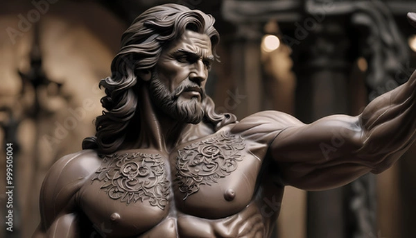 Fototapeta A close-up of a glamour sculpture of a man. It is a muscular mythical hero with a complex design and many details