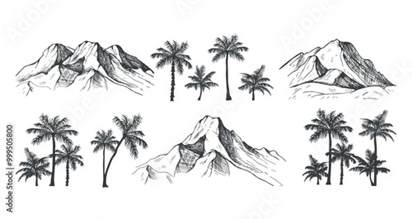 Fototapeta sketches of mountains and palm trees vector hand drawing. collection of palm trees and mountains vector hand drawing