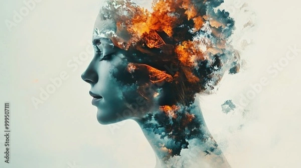 Fototapeta Double exposure art with abstract shapes blending into a human face, creating a surreal effect