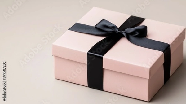 Obraz A stylish gift box with a black ribbon, elegantly presented against a neutral background, perfect for any occasion.