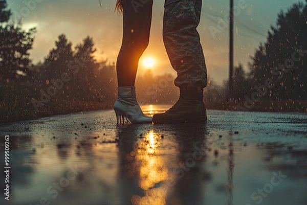 Obraz A photograph of an American soldier holding the hand and feet of his wife, who is wearing high heels and standing on asphalt with houses in the background. Created with Ai