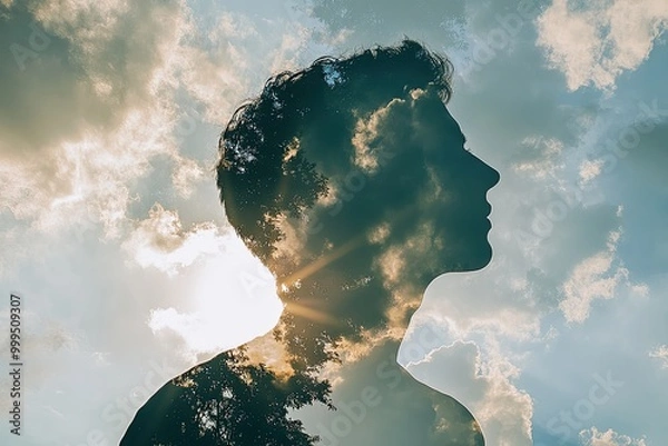 Fototapeta Double exposure with the sky and a silhouette, clouds and sunlight merging into a peaceful figure
