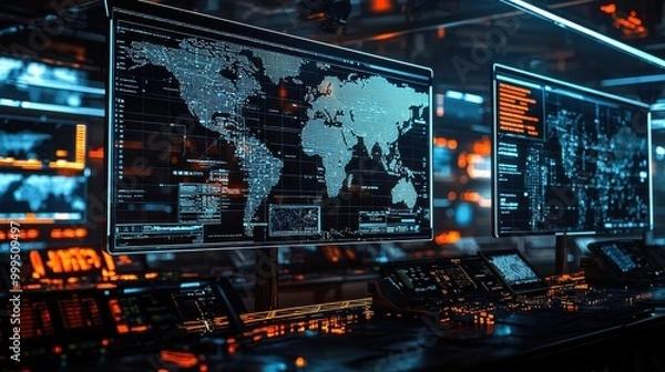 Fototapeta A high-tech military command center with digital screens displaying tactical maps, troop movements, and satellite feeds