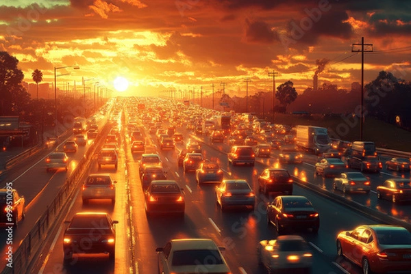 Obraz A photo of cars driving on the highway at sunset, with city buildings in the background. The sky is painted orange and yellow in the style of the setting sun. Created with Ai