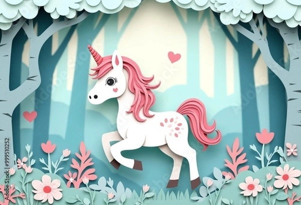 Fototapeta Charming Unicorn in Enchanted Forest Paper Cut Illustration for Nursery Decor