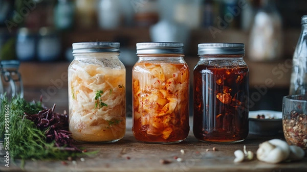 Fototapeta Colorful jars of homemade fermented vegetables displayed on a rustic wooden table in a kitchen