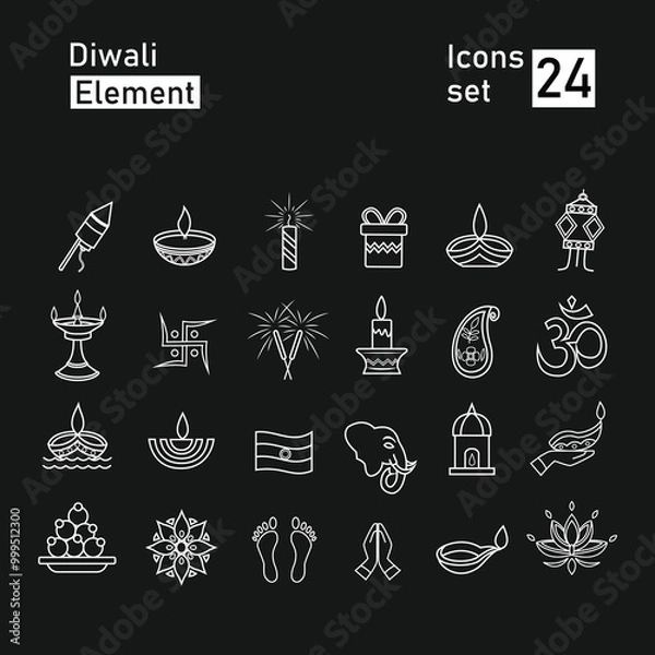 Obraz Happy indian diwali festival with 24 line style icon vector illustration. perfect for collections of assets, logos, icons, etc