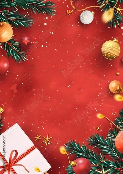 Fototapeta Beautiful Christmas greeting card with a festive background featuring a sparkling Christmas tree adorned with colorful balls