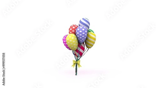 Obraz A vibrant bunch of colorful, patterned balloons tied together with a yellow ribbon, set against a white background. The festive design creates a cheerful, playful atmosphere, ideal for celebrations.
