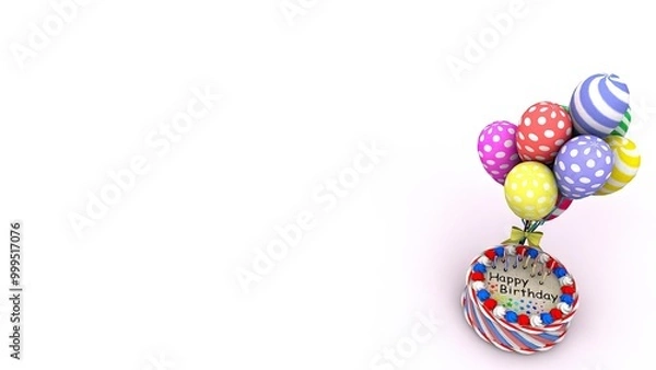 Fototapeta A vibrant 3D-rendered birthday cake topped with colorful polka-dotted balloons, creating a festive and playful atmosphere, ideal for birthday party decorations or celebration graphics.