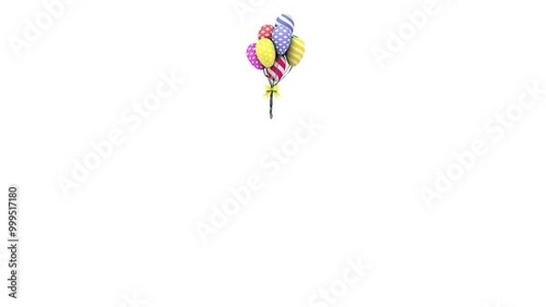 Fototapeta A vibrant bunch of colorful, patterned balloons tied together with a yellow ribbon, set against a white background. The festive design creates a cheerful, playful atmosphere, ideal for celebrations.