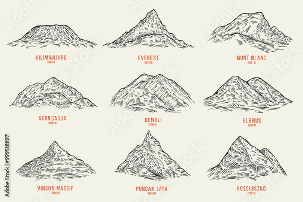 Fototapeta Hand drawn sketching mountain in retro vintage style. Set monochrome silhouettes rock landscape for print, branding. Vector illustration.
