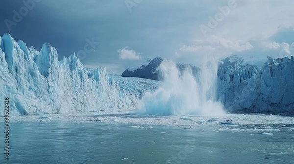 Fototapeta Majestic Glacier Calving into Icy Waters with Snow-Capped Mountains in the Background