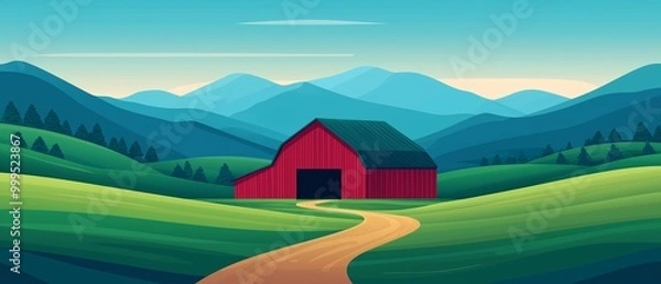 Fototapeta A serene landscape featuring a vibrant red barn surrounded by lush green hills and distant mountains under a clear blue sky.