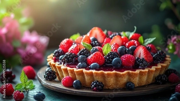 Fototapeta   An image of a fruit tart surrounded by berries and raspberries on a plate is what needs fixing