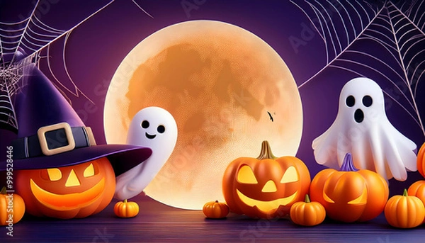 Obraz A cute and spooky Halloween set featuring pumpkins